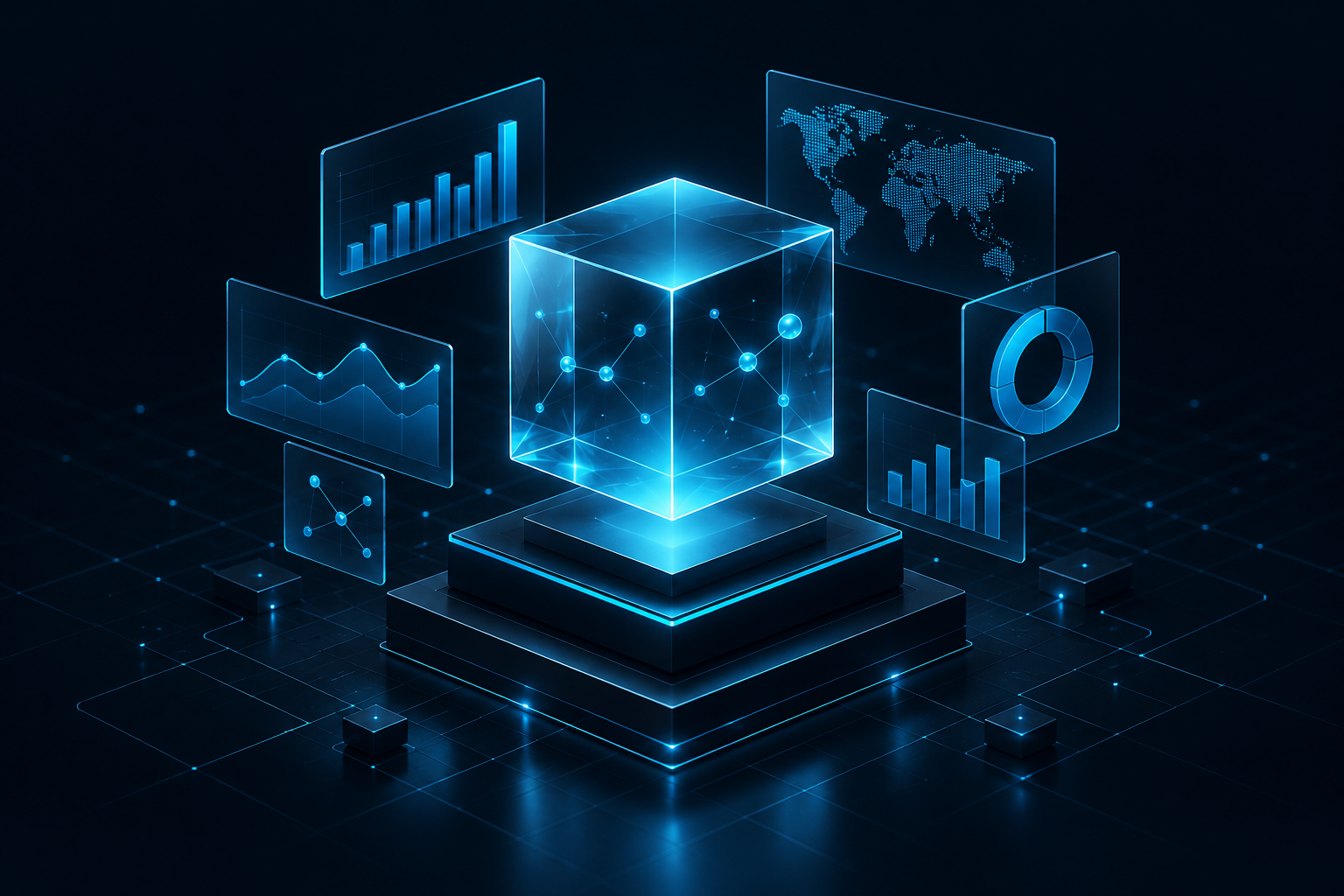 A glowing blue data cube surrounded by analytics dashboards and connected data platforms